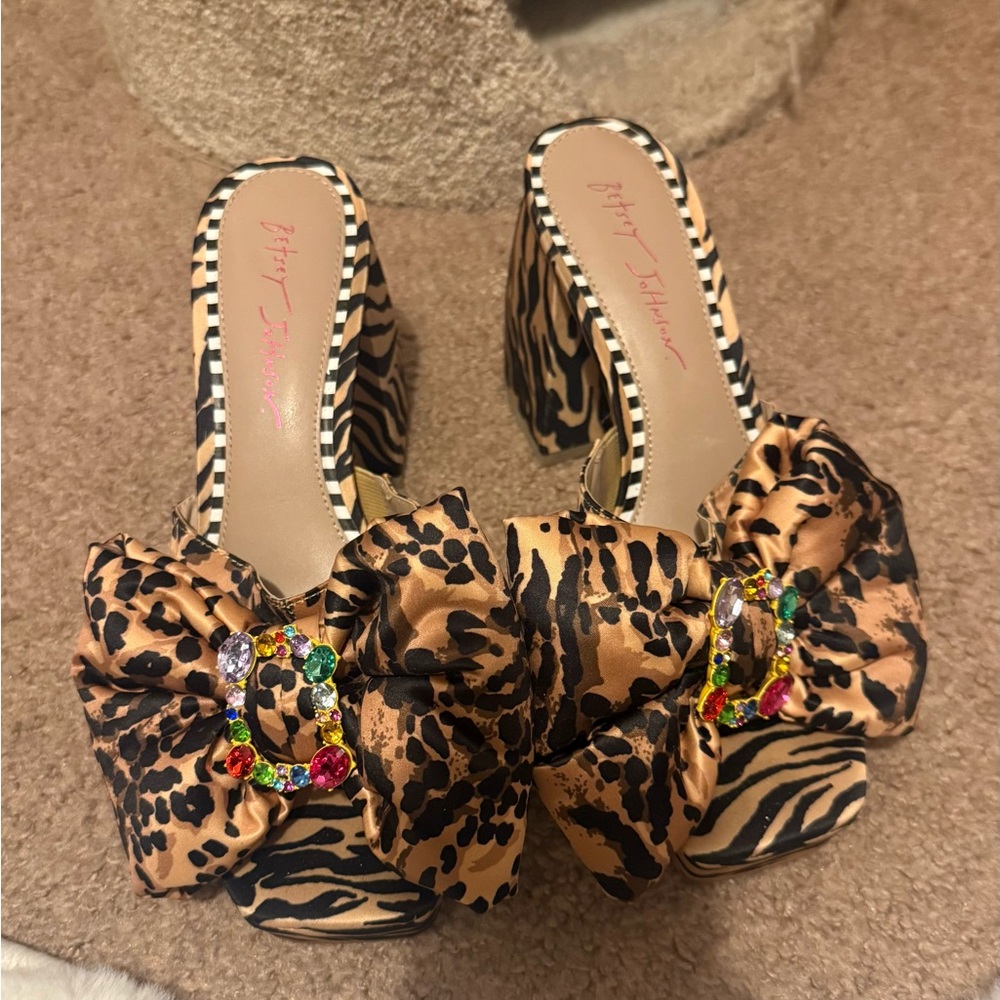 Betsey Johnson Leopard Print Mules with Bow and Jewel Accents